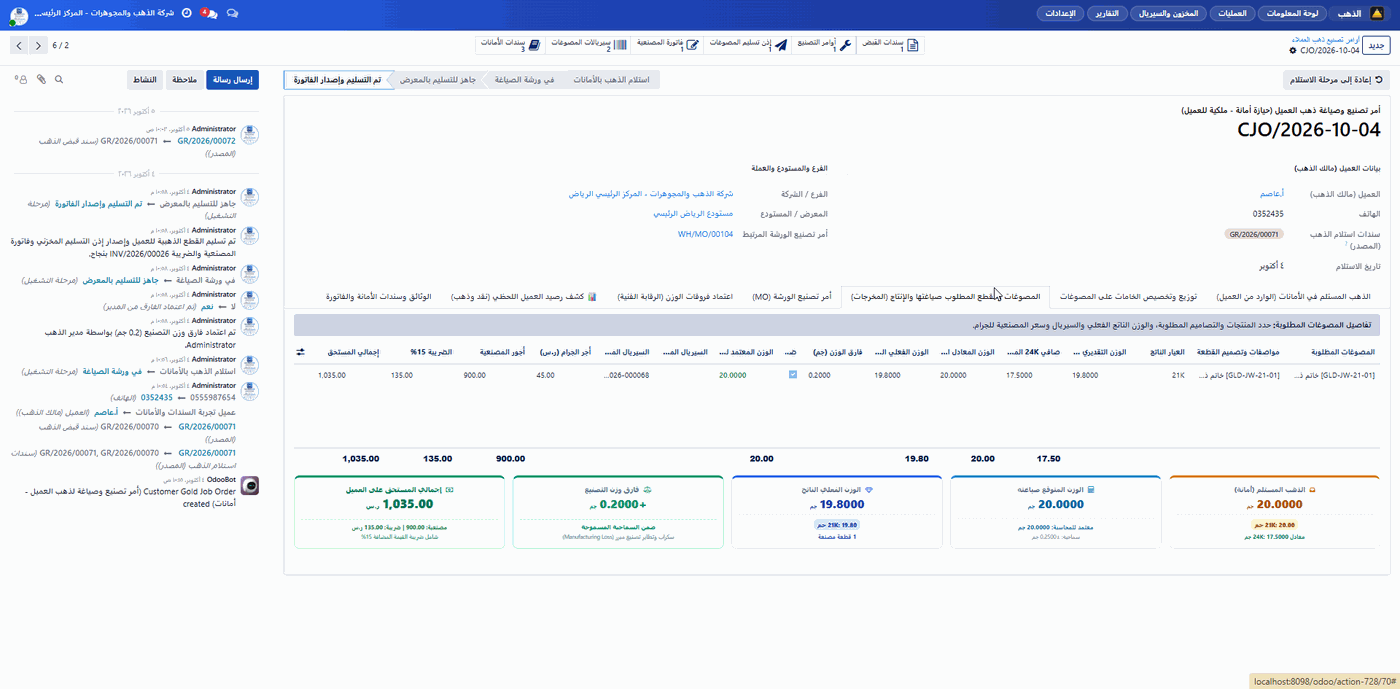 أمر تصنيع وصياغة ذهب العميل ومراحل تسليم المصوغات (CJO)