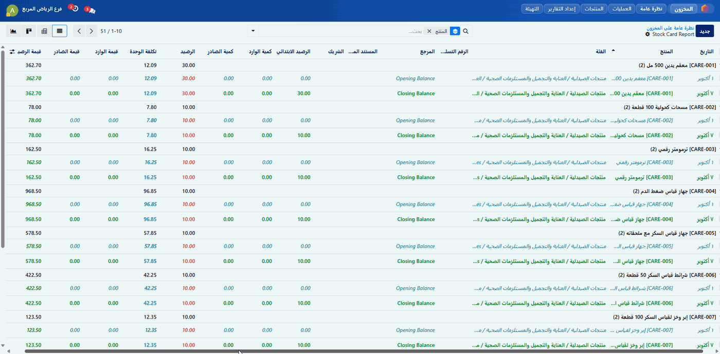 تقرير بطاقة الصنف وحركة المخزون التفصيلية بالفرع (Stock Card Report)